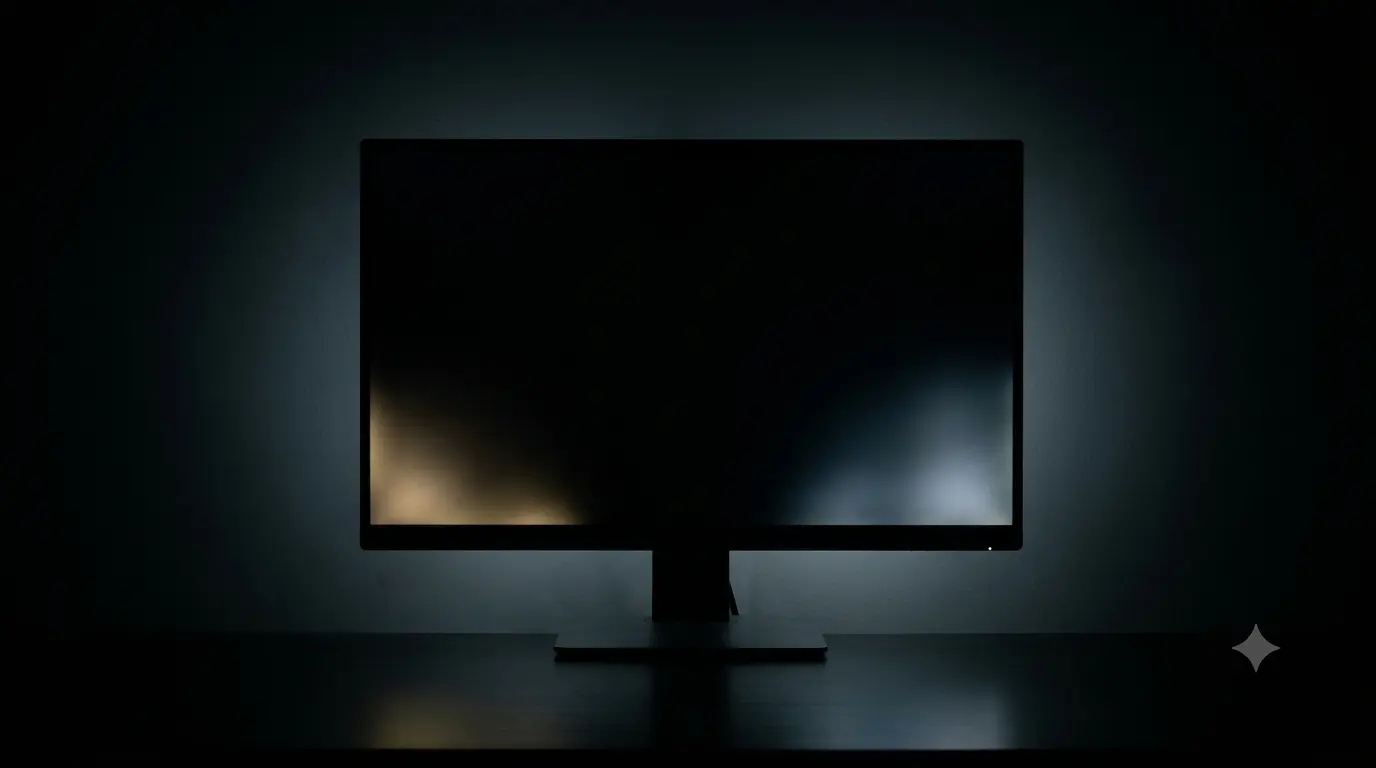 A monitor in a dark room displaying a full black screen, with visible bright glowing patches near the bottom corners of the panel