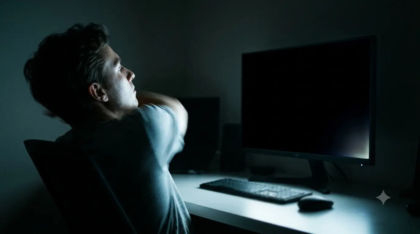 A person leaning to the side while looking at a monitor in a dark room, demonstrating how the corner sheen on the screen shifts and changes with viewing angle
