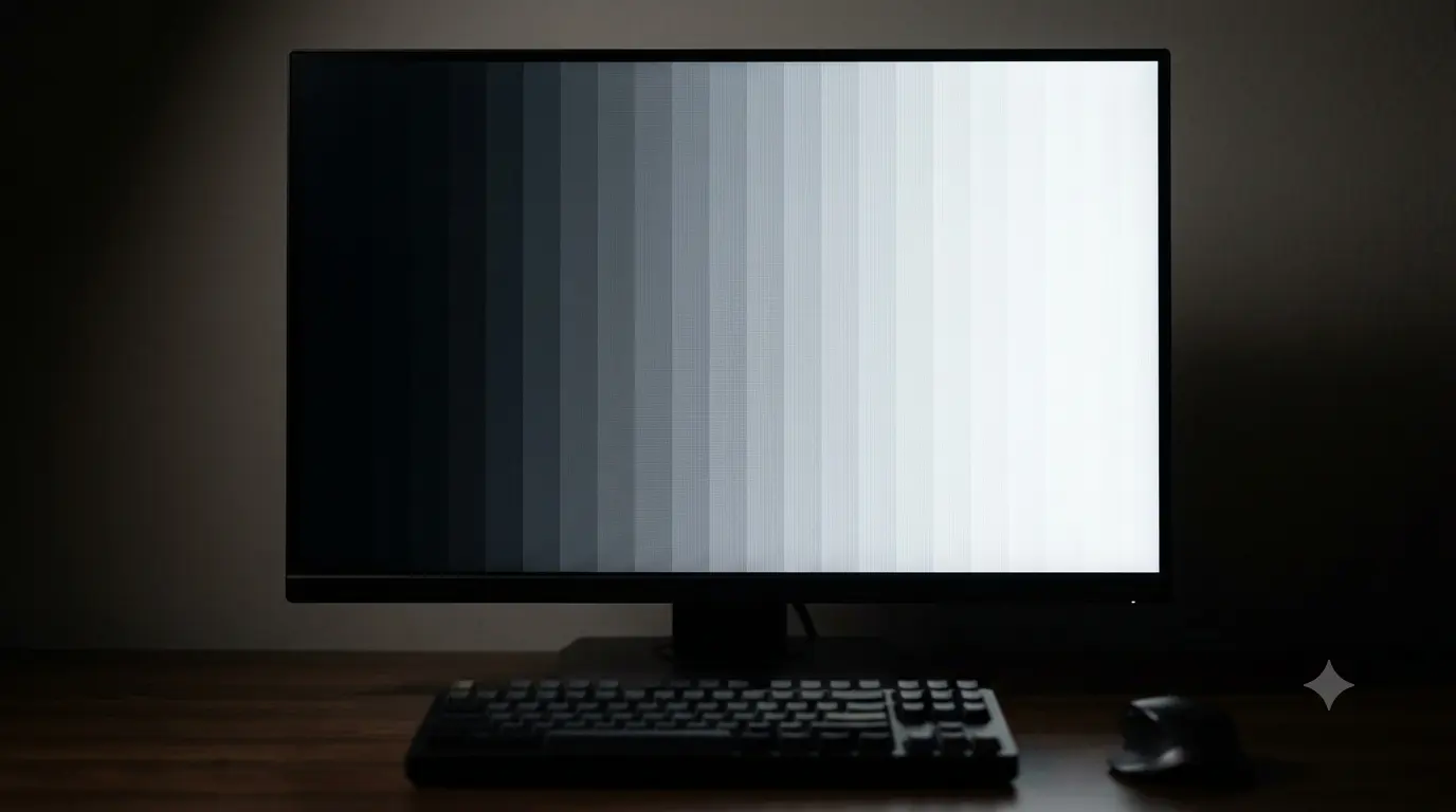 A monitor displaying a full-screen greyscale gradient from black to white, with visible hard-edged bands and stripes instead of a smooth blend, photographed at a slight angle in a dim room