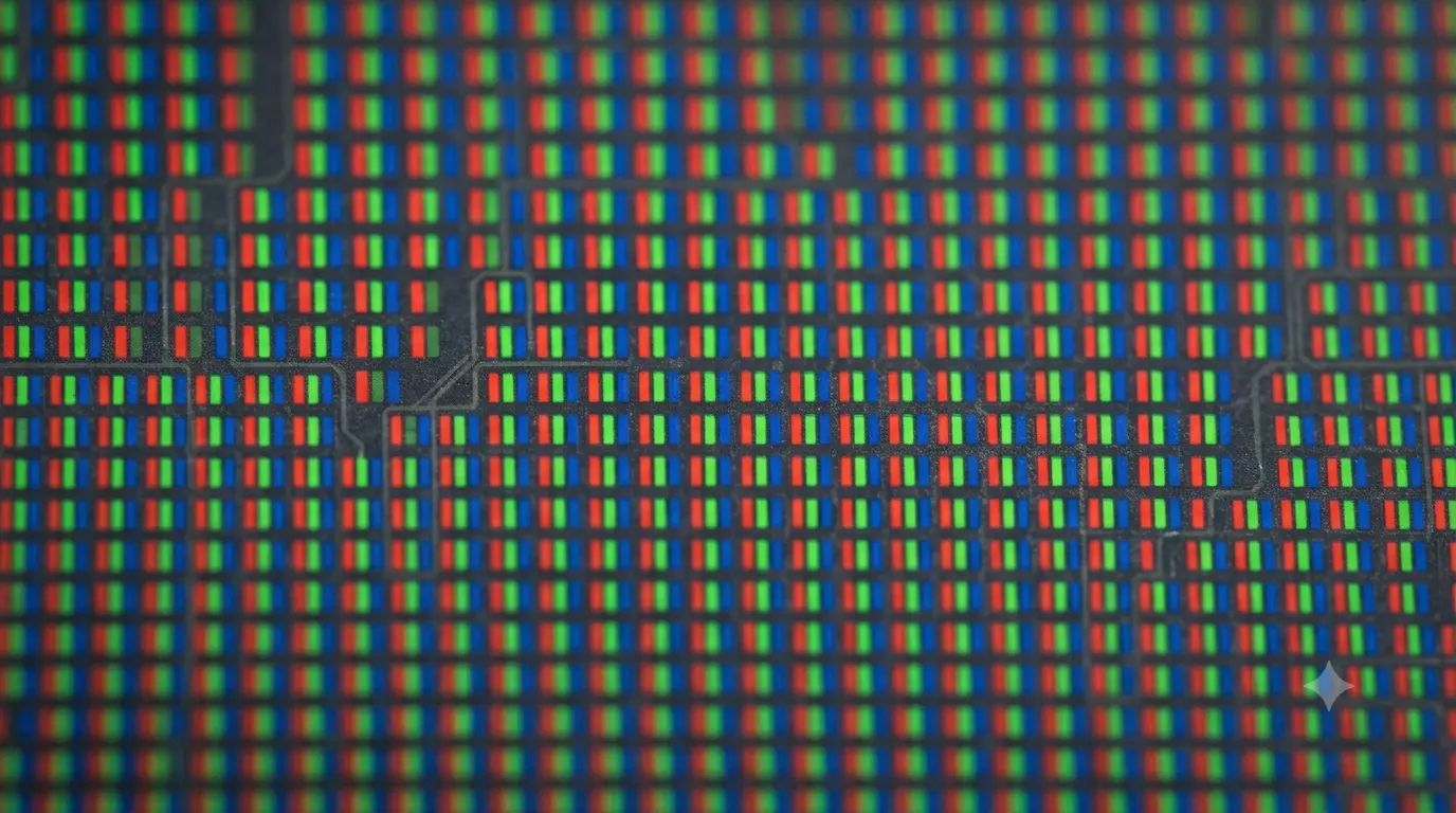 Extreme macro photograph of an LCD panel surface showing a fine dithering noise pattern in a dark grey field, individual subpixels visible in a soft grid
