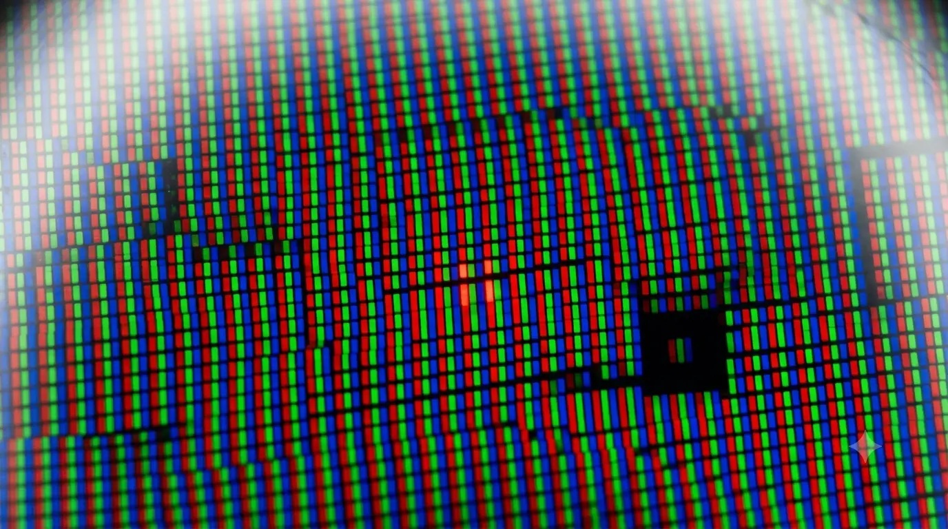 Extreme macro close-up of an LCD screen showing one bright red stuck subpixel and one completely black dead pixel among the grid of tiny RGB subpixels