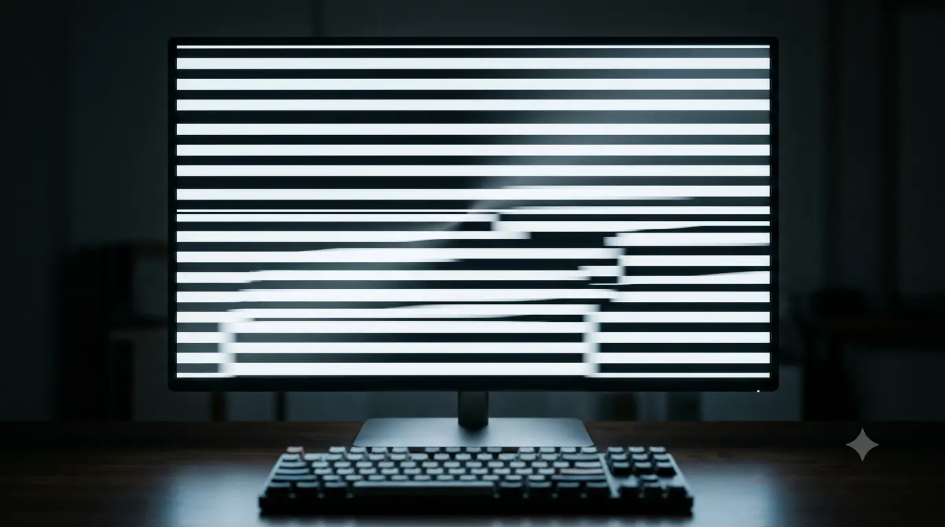 Monitor displaying a fast-scrolling striped pattern with a visible horizontal misalignment partway down the screen, demonstrating screen tearing