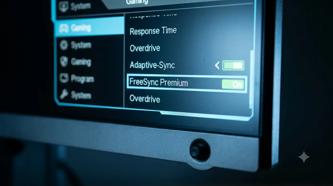 Close-up of a gaming monitor's on-screen display menu with a FreeSync or Adaptive-Sync setting highlighted and toggled on