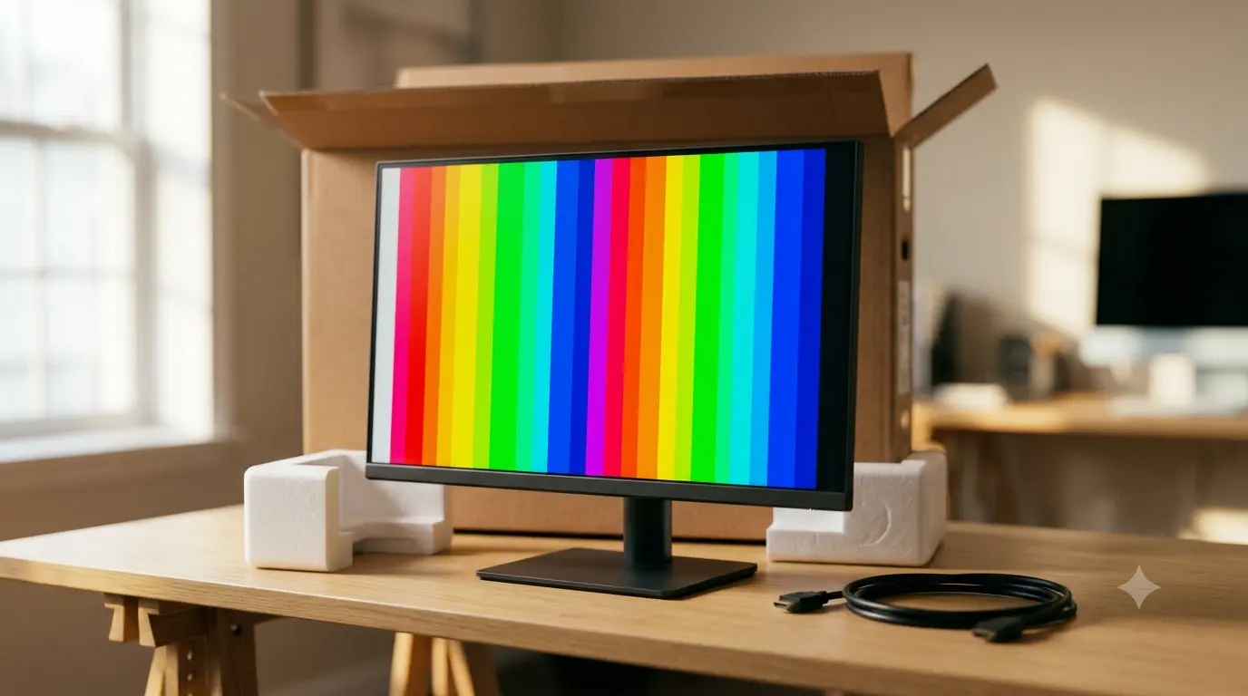 A brand-new monitor freshly unboxed on a desk, still surrounded by packaging foam and cables, powered on and displaying a colour test pattern