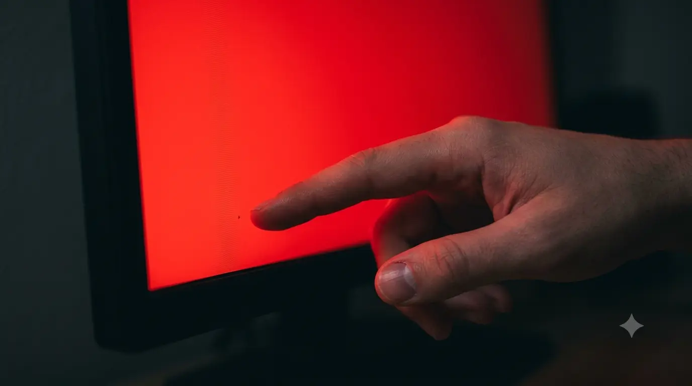 Close-up of a monitor screen in a dim room displaying a solid colour test pattern, with a hand reaching toward the screen to check for dead pixels