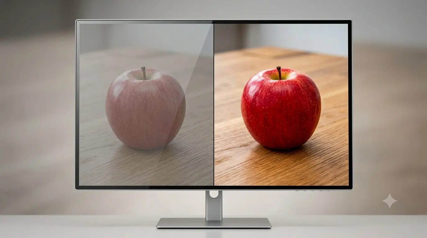 Side-by-side comparison on a monitor showing the same photo of a red apple on the left half looking flat, grey and washed out, and vivid, saturated and correct on the right half