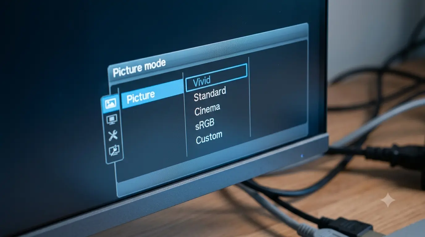 Close-up of a monitor's on-screen display menu open on a picture-mode selection screen, showing options like Vivid, Standard, sRGB and Custom highlighted on the panel