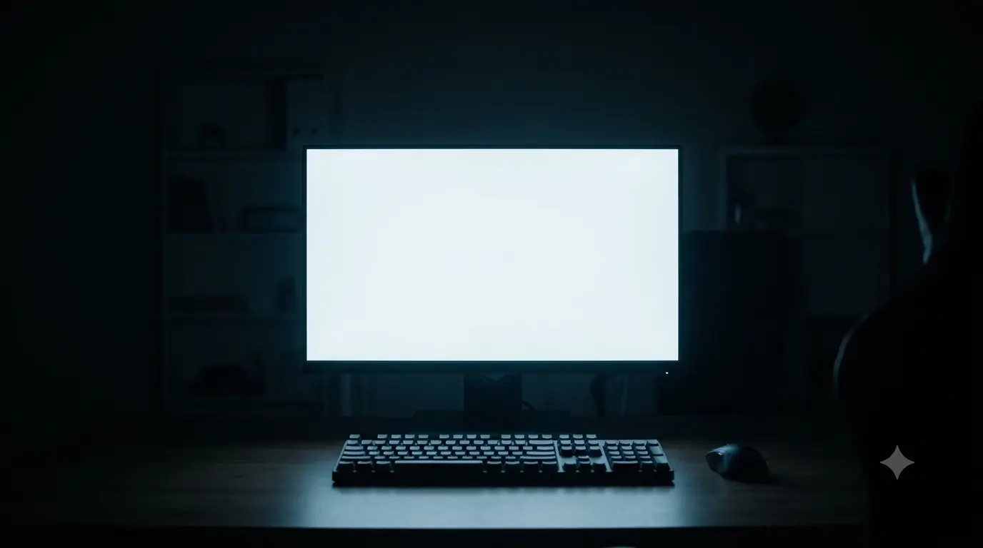 A dim home office at night with a monitor glowing at low brightness, displaying a bright white test pattern, the only light source in the room