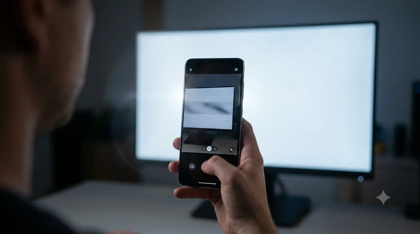 Close-up of a smartphone camera being held up to record a monitor screen in a dim room, with faint horizontal bands visible on the phone's own display from the rolling shutter effect