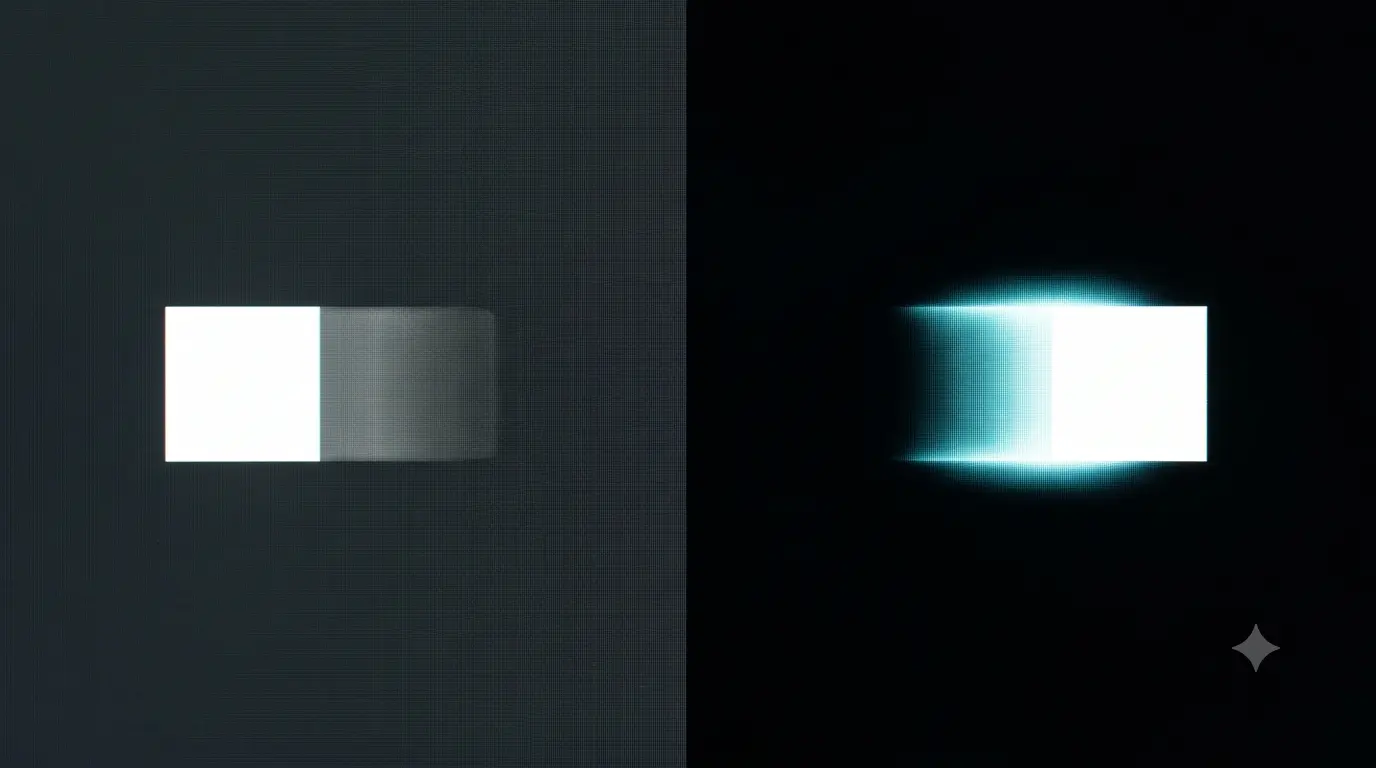 Split-screen comparison on a monitor: left side shows a moving object with a normal ghosting trail, right side shows the same object with a bright overshoot corona from overdrive set too aggressively