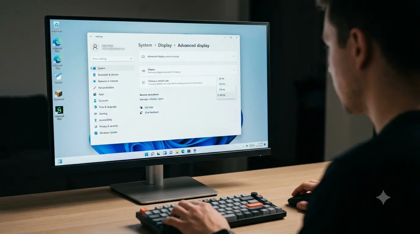 Windows 11 Settings app open to the Advanced display page, showing a 'Choose a refresh rate' dropdown menu with 144 Hz being selected