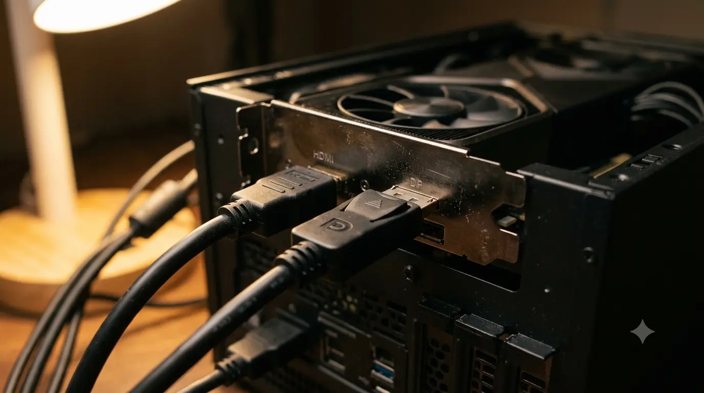 Rear view of a monitor and desktop PC showing HDMI and DisplayPort cables connected to the graphics card, illustrating the correct port to use for high refresh rate