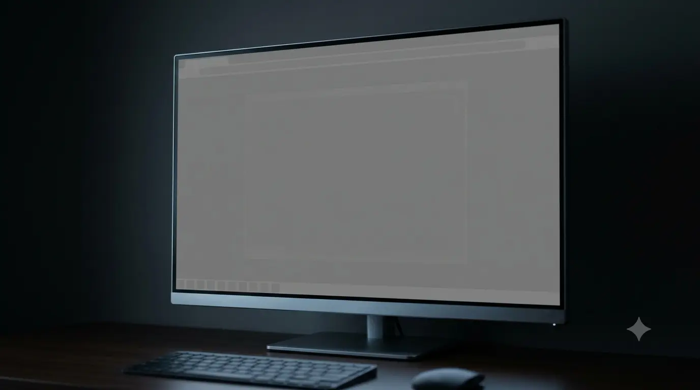 A monitor displaying a full-screen mid-grey field in a dim room, with a faint ghostly outline of a taskbar and browser window barely visible in the grey